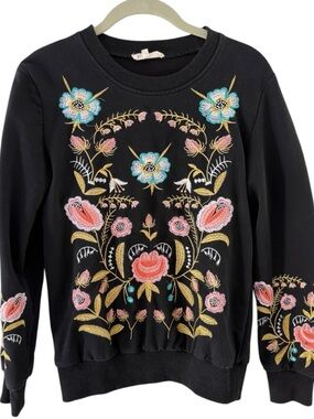 Solitaire Black Folklore Floral Embroidery Sweatshirt Cotton Blend Small Boho